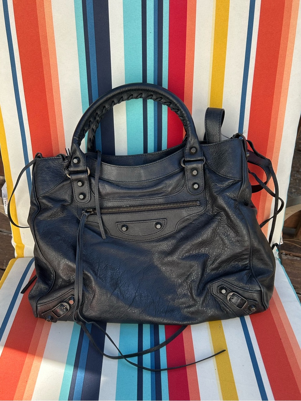 Balenciaga Black Leather Velo Tote Bag with long strap and detachable Chain